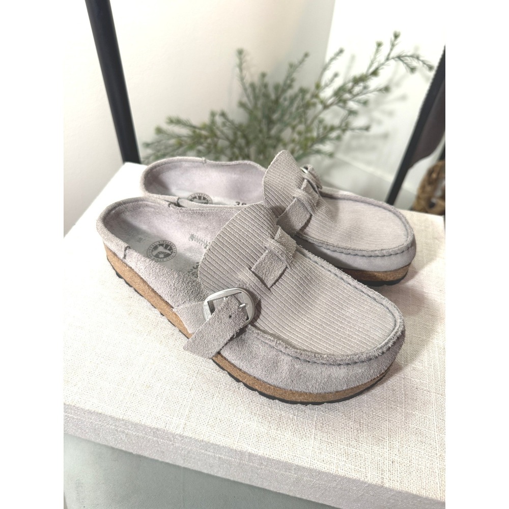 Birkenstock Buckley 7 womens suede gray fall slide cork bed comfort easy wear